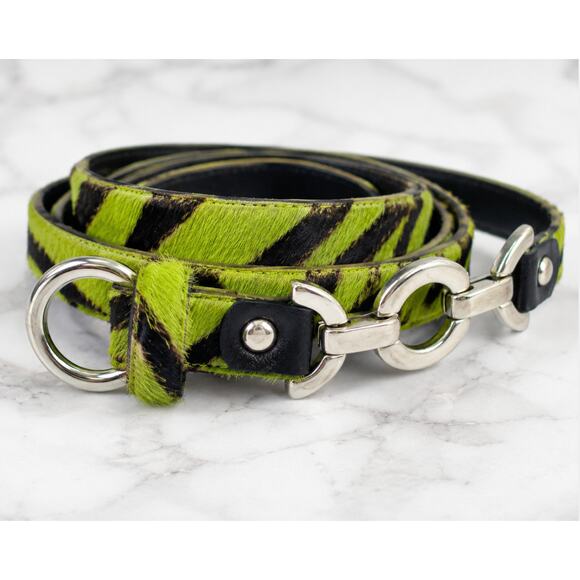 Carlisle Accessories - Carlisle Green Zebra Calf Hair Leather Skinny Belt Silver Hardware Large